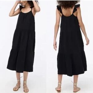 J. Crew Women's XL Black Ruffle Tiered Boho Midi Dress Ruffle Sleeve NWT